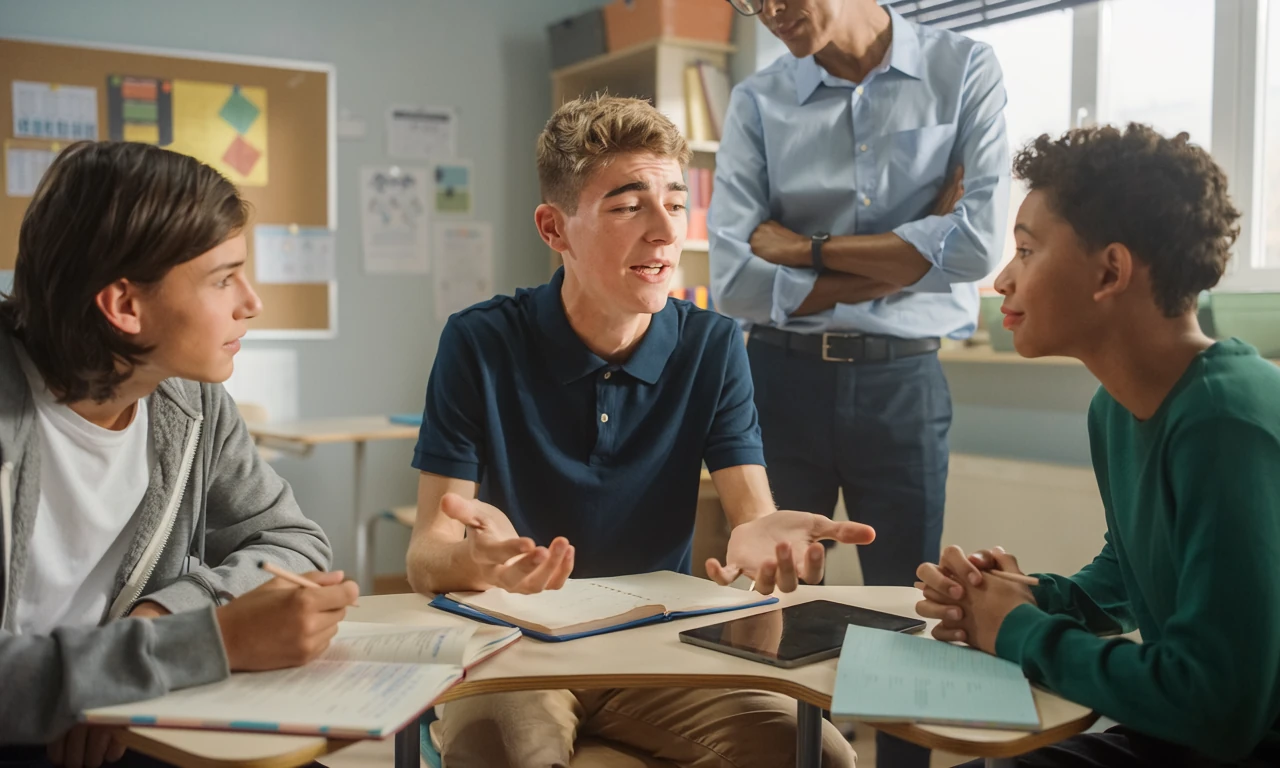 14 year old student speaking in classroom while other students listen