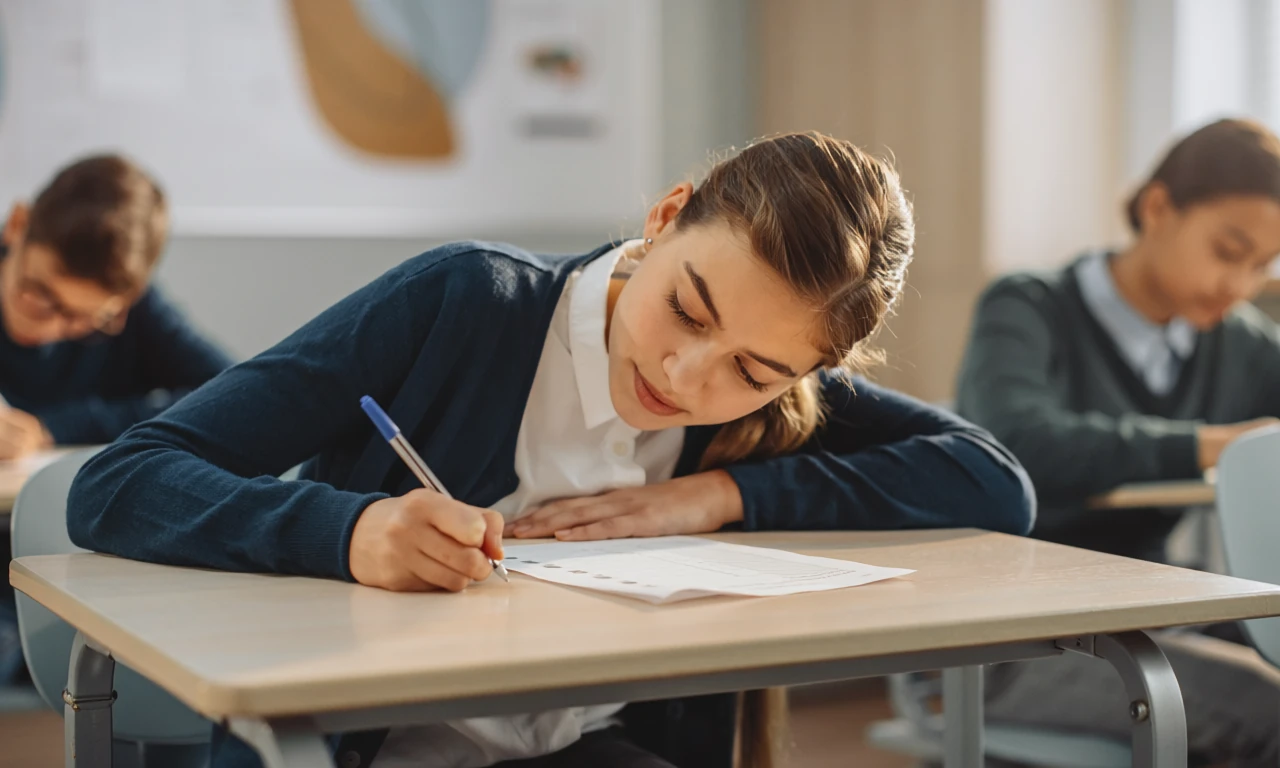 A female GCSE student sitting at a single desk taking an exam in an exam hall with other students in the background