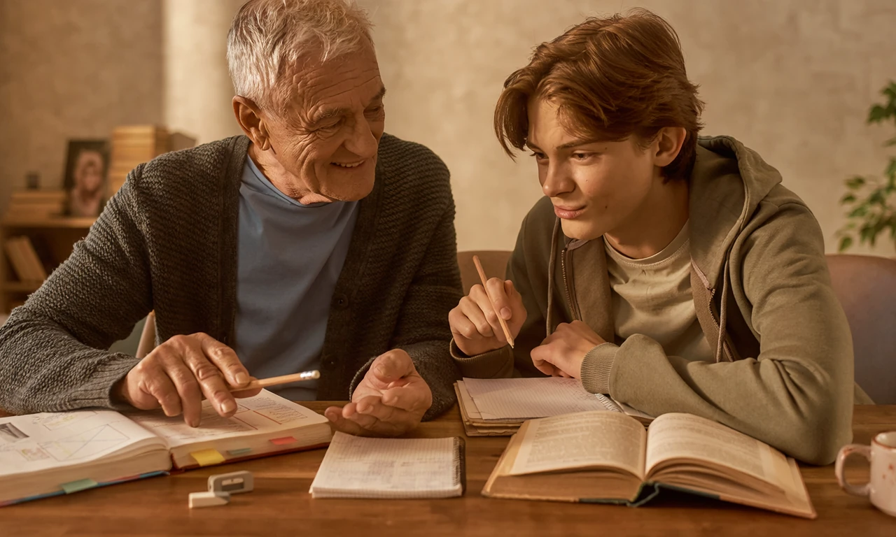 An older tutor and a student during a lesson at the student's home