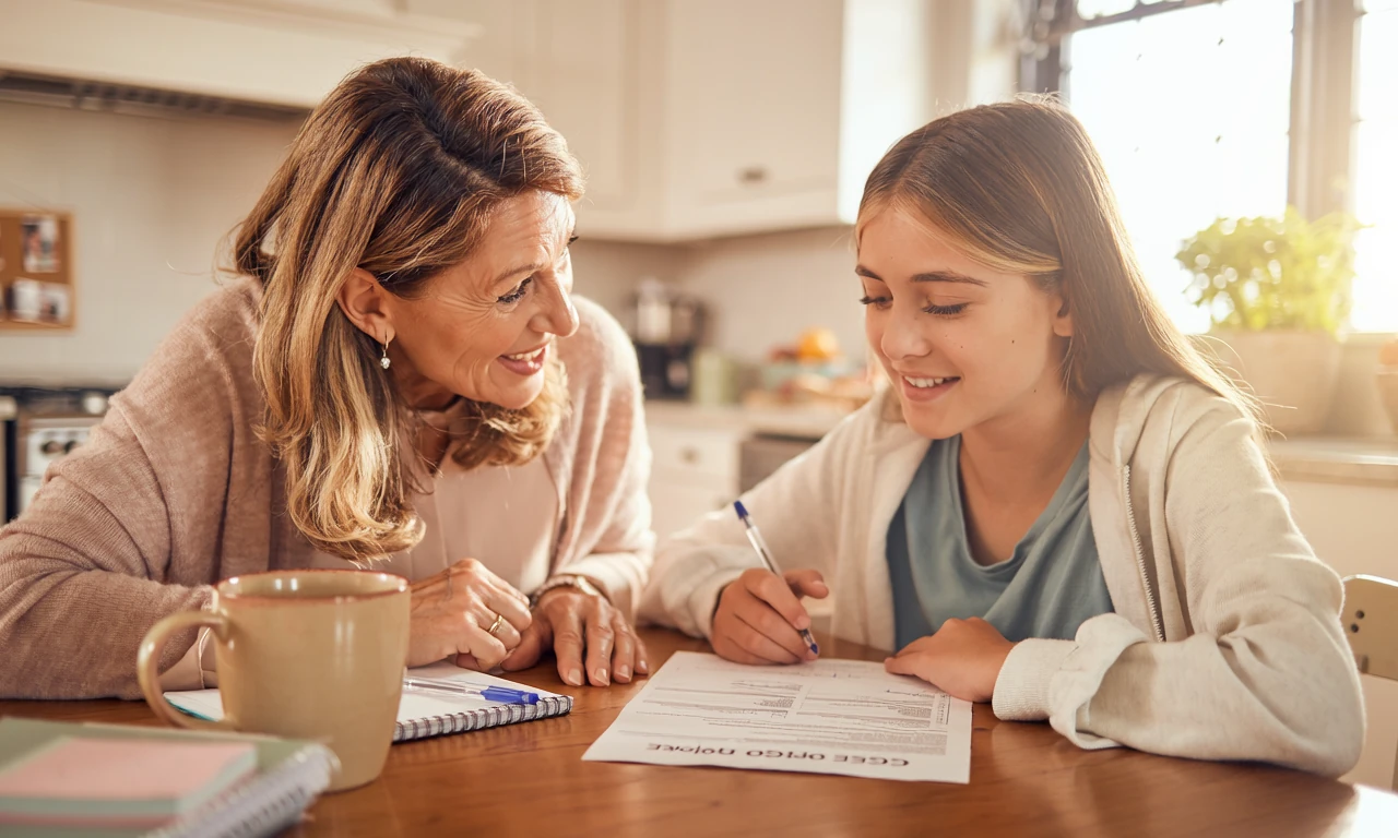 A parent and student at a kitchen table discussing GCSE options