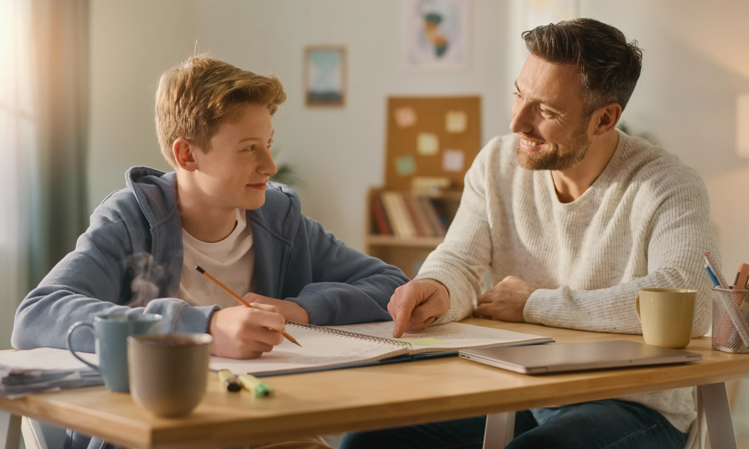 A 14 year old student at home relaxing while working with their parent