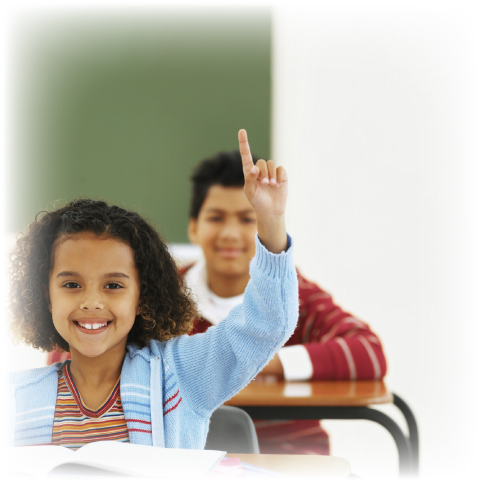 Smiling Girl in Blue Cardigan Raising Hand