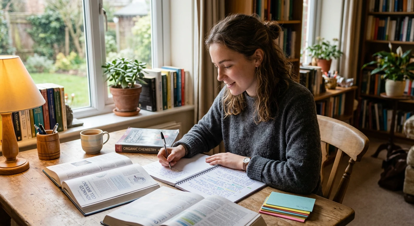 Student sitting at a desk studying with open textbooks and revision notes Student sitting at a desk studying with open textbooks and revision notes