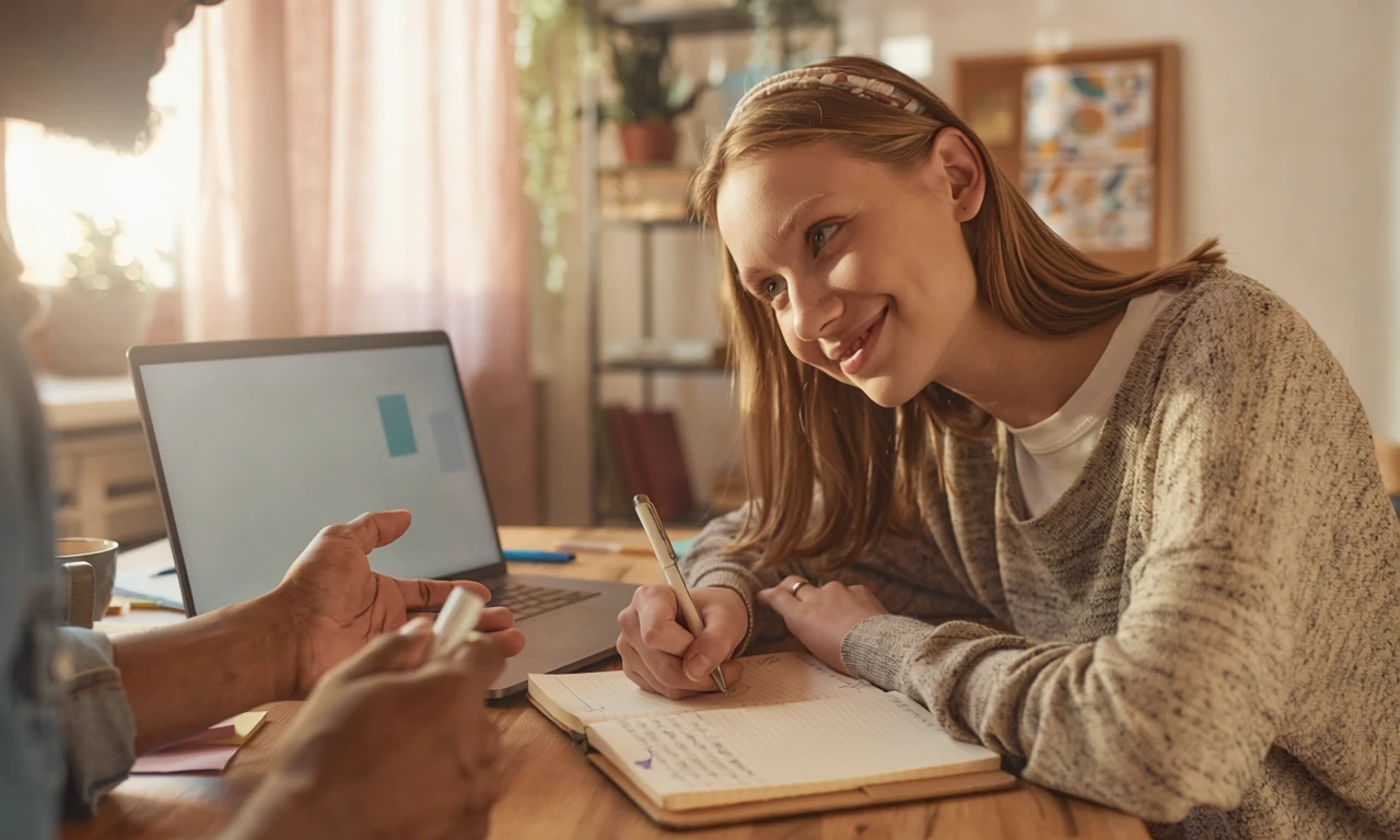 A student writing and smiling during a lesson with her tutor