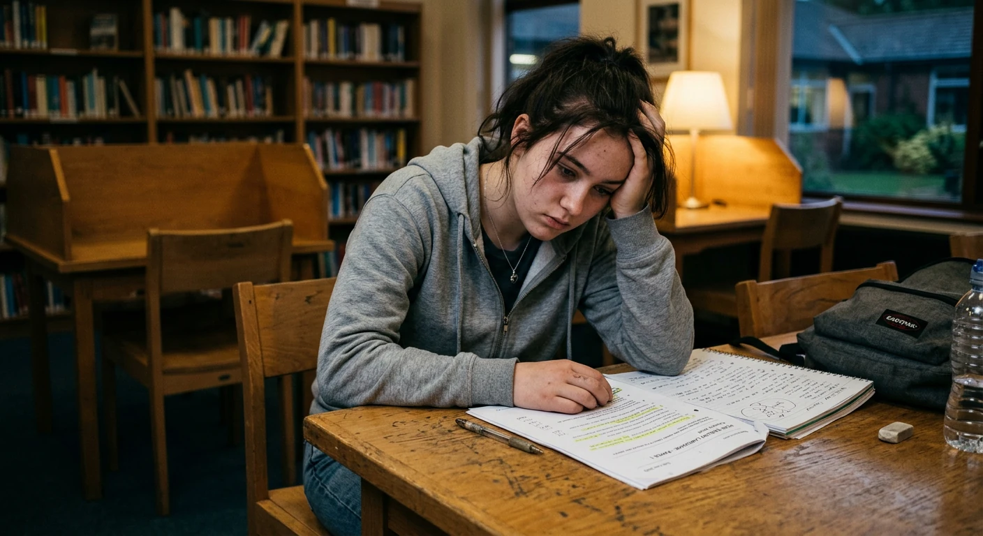 Teenage student sitting at desk looking stressed