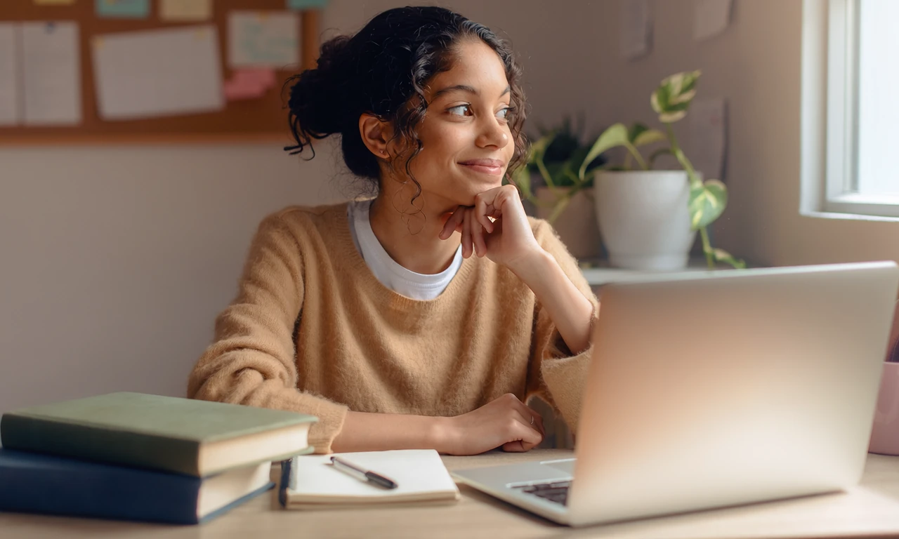 A teenage student at her desk with a laptop looking contemplative