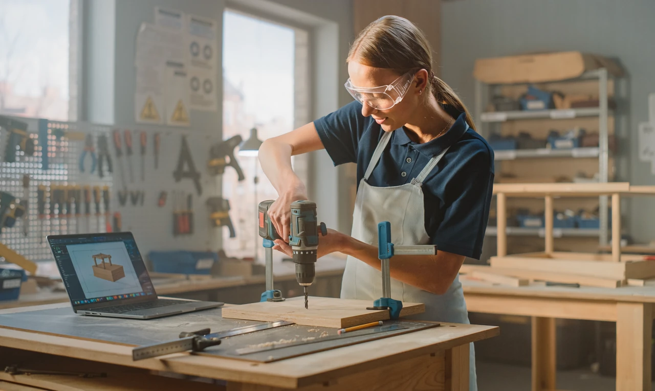 A teenager using a drill in a school workshop
