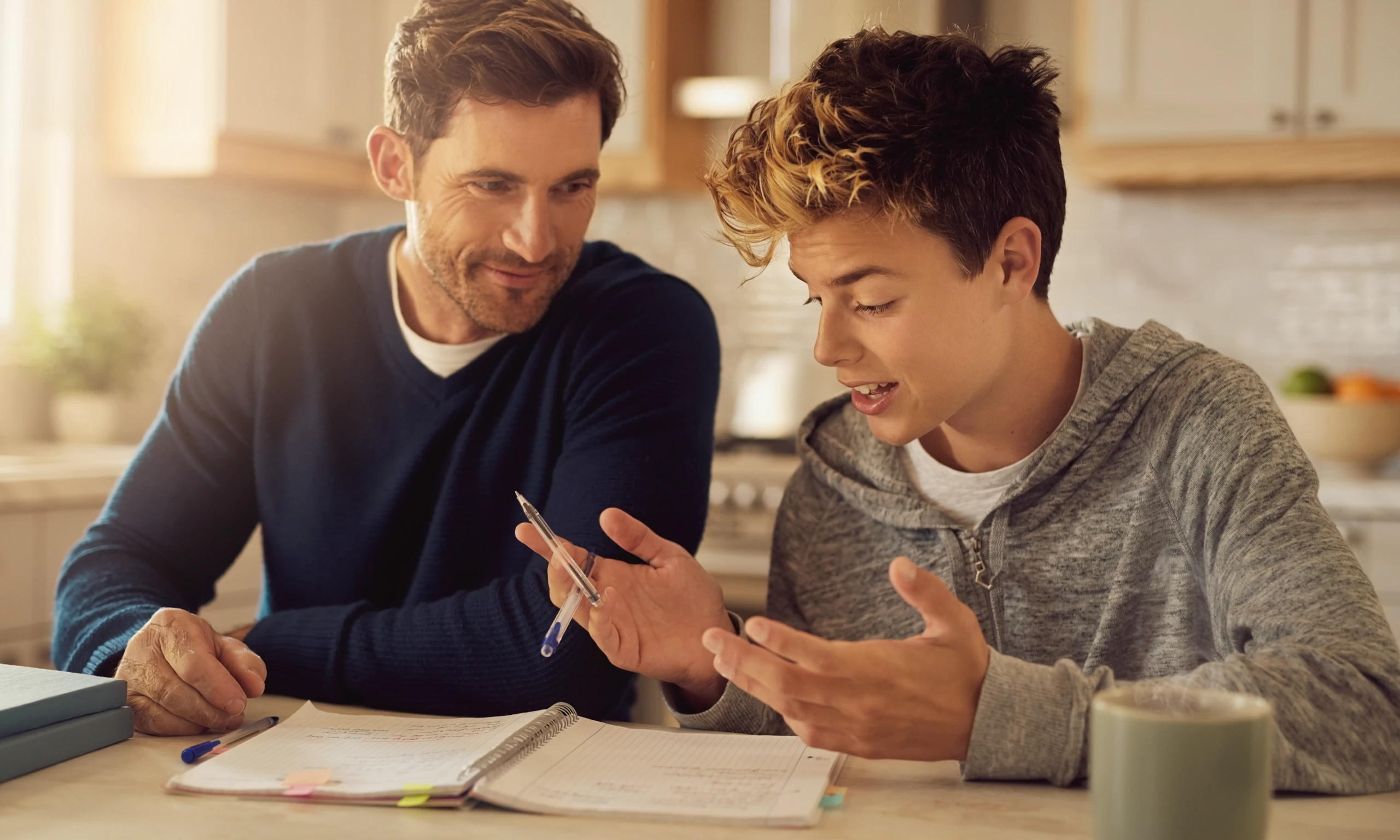 A tutor and a student in a kitchen during a lesson with the student talking and the tutor listening