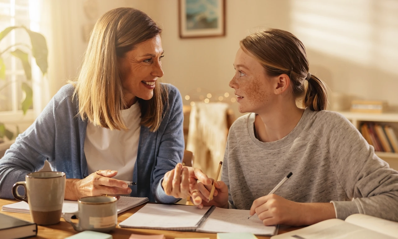 A tutor and a student in an afternoon lesson talking with notebooks in front of them